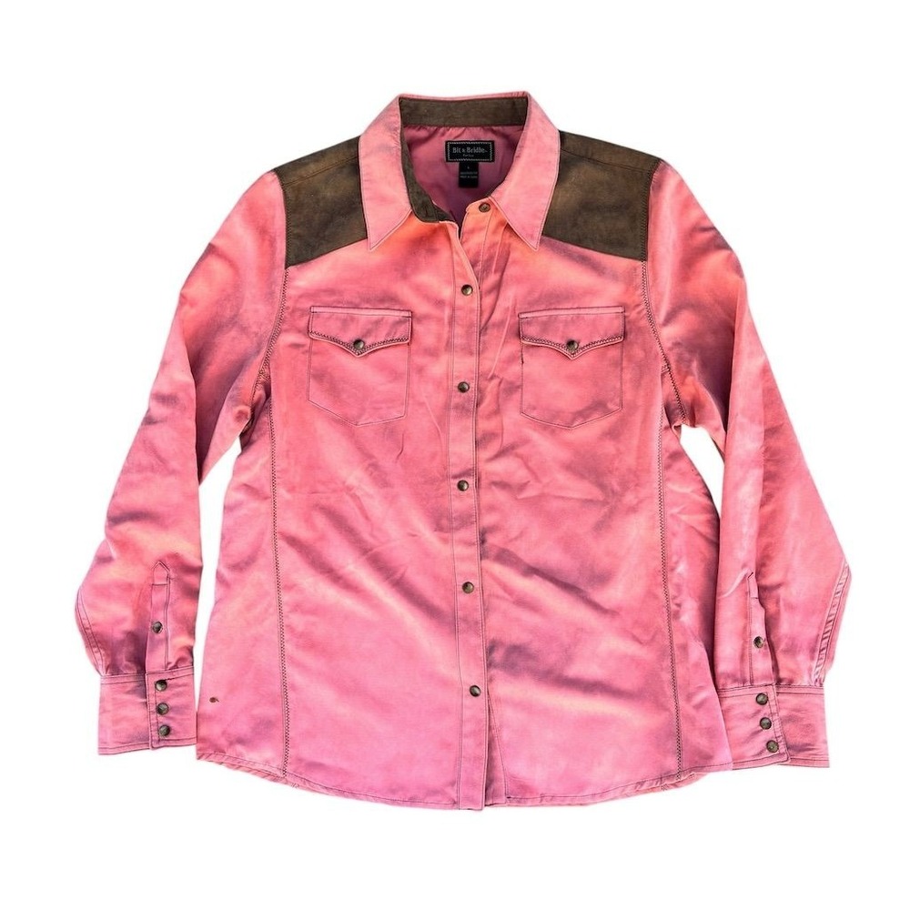 Bit & Bridle Women's Pink Western Shirt L Long Sleeve‎ Button-Up suede leather